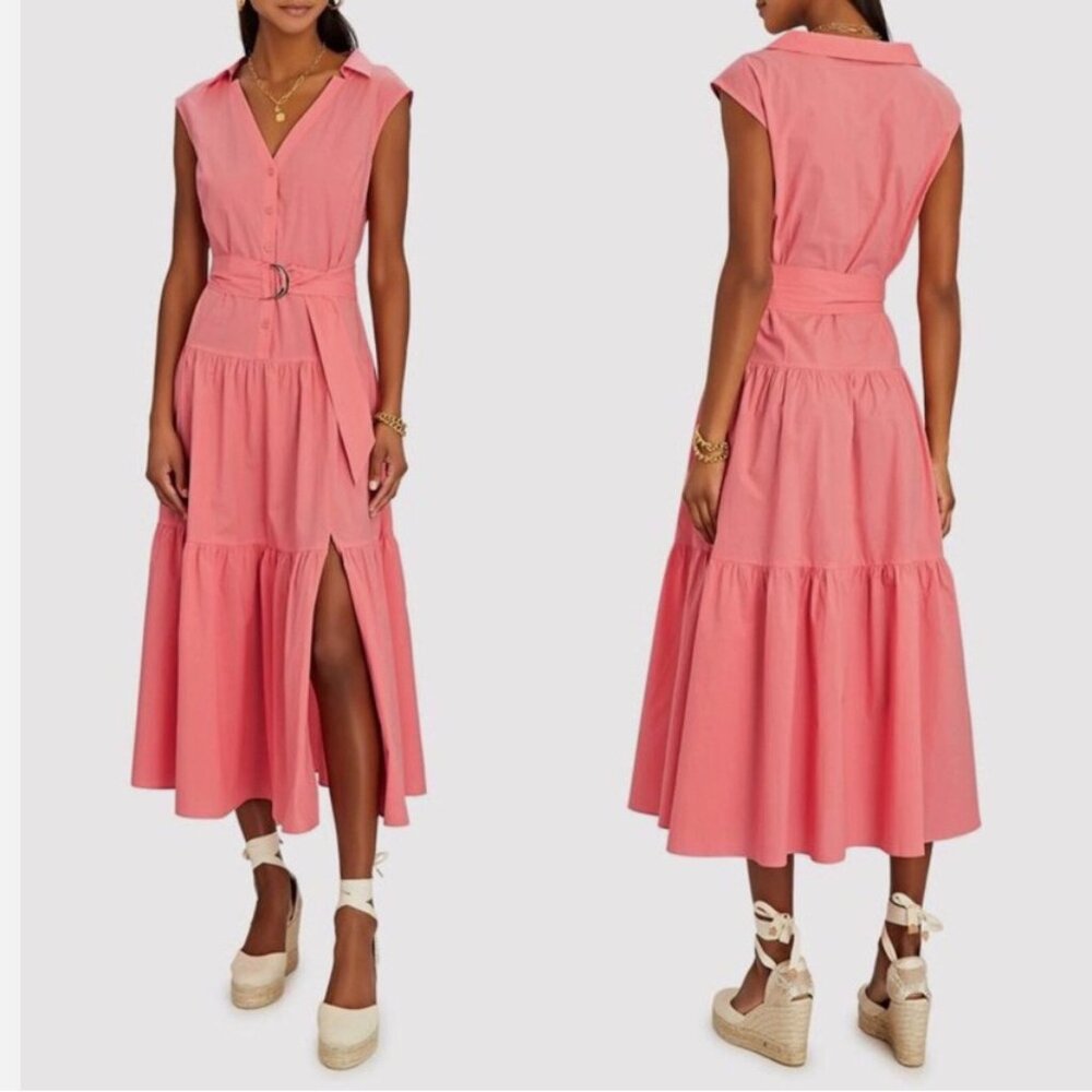 INTERMIX Birch Belted Poplin Coral Ruffled Button Front Midi Dress